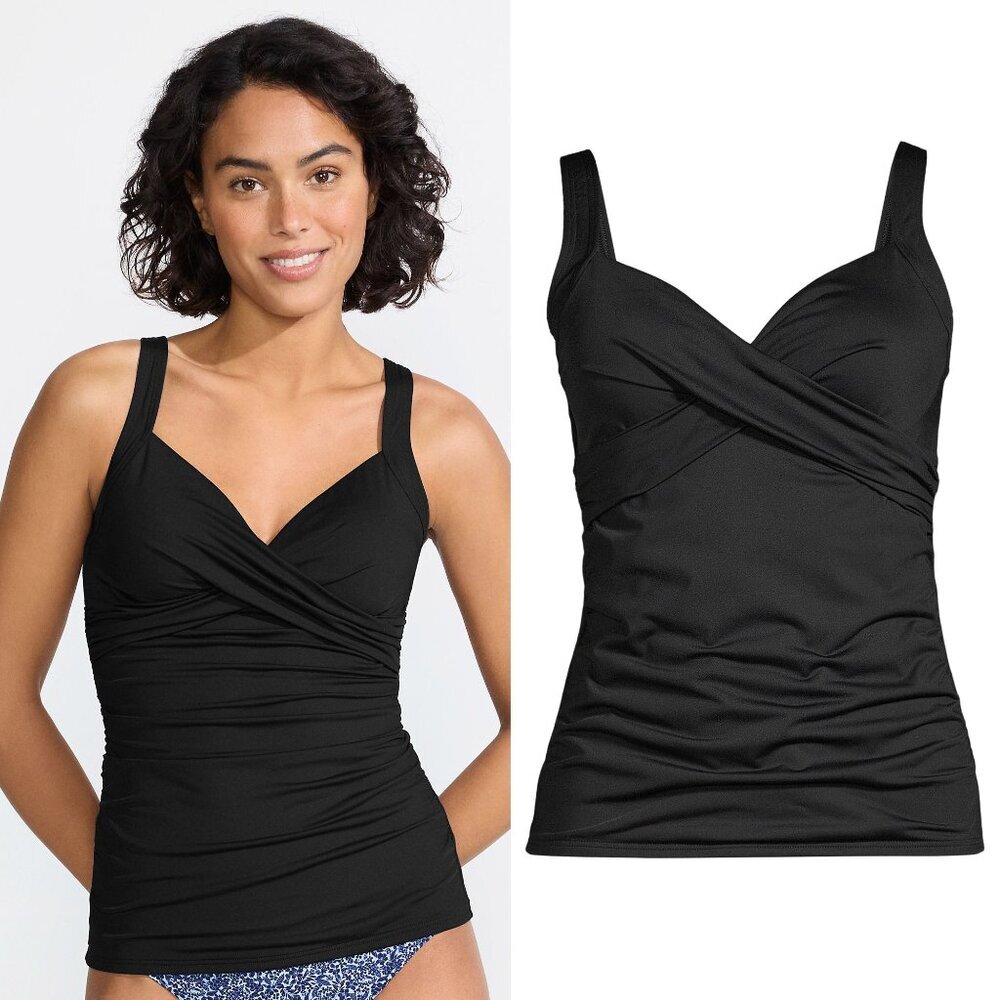 Lands' End  Women's 6 Tummy Control Wrap Underwire Tankini Swimsuit Top Black
